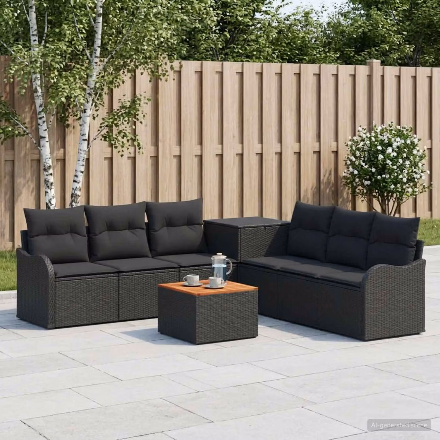 Set di divani da giardino vidaXL a forma di L composto da 8 pezzi in rattan sintetico e metallo, colore nero, con cuscini inclusi