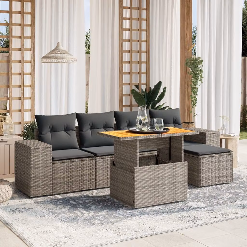 vidaXL Set Divano da Giardino a L 6 pz in Polyrattan Grigio con Cuscini e Tavolino da Caffè – 1