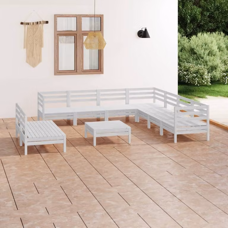 The Living Store Set salotto da giardino 10 pezzi in pino massiccio bianco