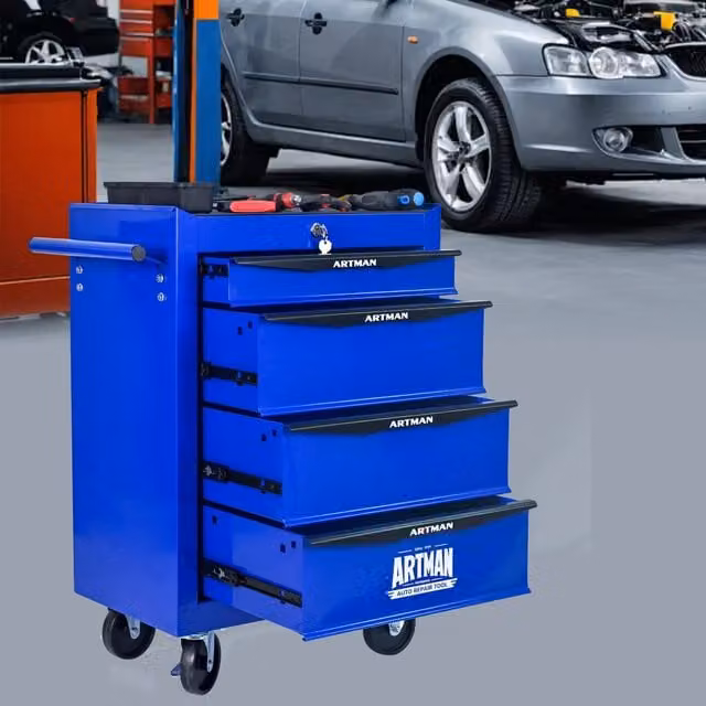 Cassettiera OKWISH in acciaio con 4 cassetti e ruote per garage e officina, nero e blu, L: 60 cm, P: 33 cm, H: 77,5 cm – 1