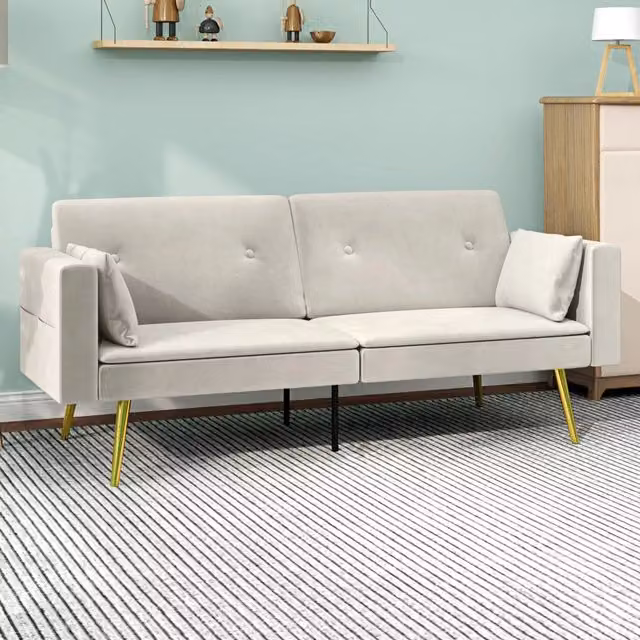 Divano letto click clack REDOM in velluto beige con struttura in legno massello e poggiatesta regolabile