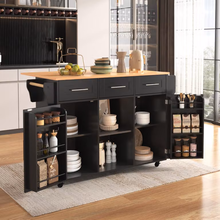 okwish: Mobiletti da cucina con piano di lavoro ribaltabile, finitura in legno massello, isola da cucina con ante e ruote, mobiletto da cucina con gambe in legno massello sostituibili, colore nero