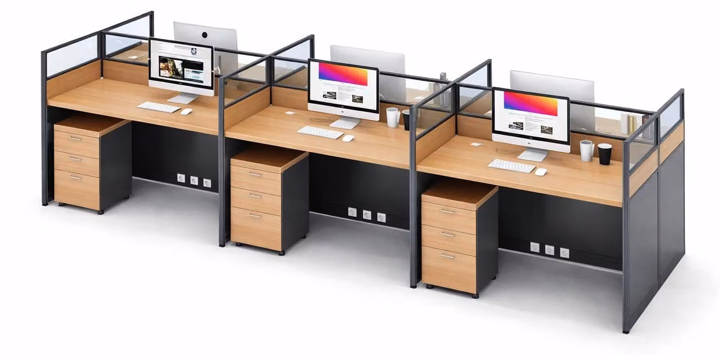 Scrivania moderna per ufficio, postazione da lavoro per 3 persone, con divisori e contenitori su ruote