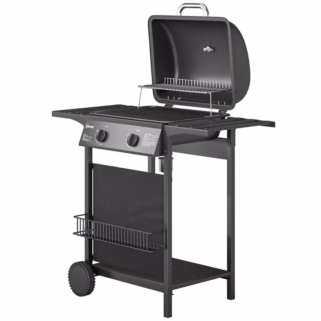 Barbecue a Gas XYLO con 2 Bruciatori da 5 KW in Acciaio Inox e Colore Nero con Carrello, Griglia Smaltata, Termometro e Ruote – 2