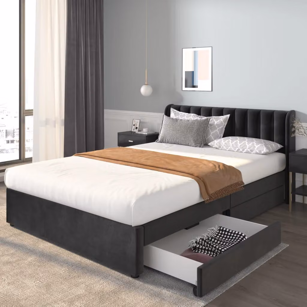 Letto imbottito WISHDOR in velluto nero con 2 cassetti e testiera alta L: 160 cm, P: 200 cm – 2