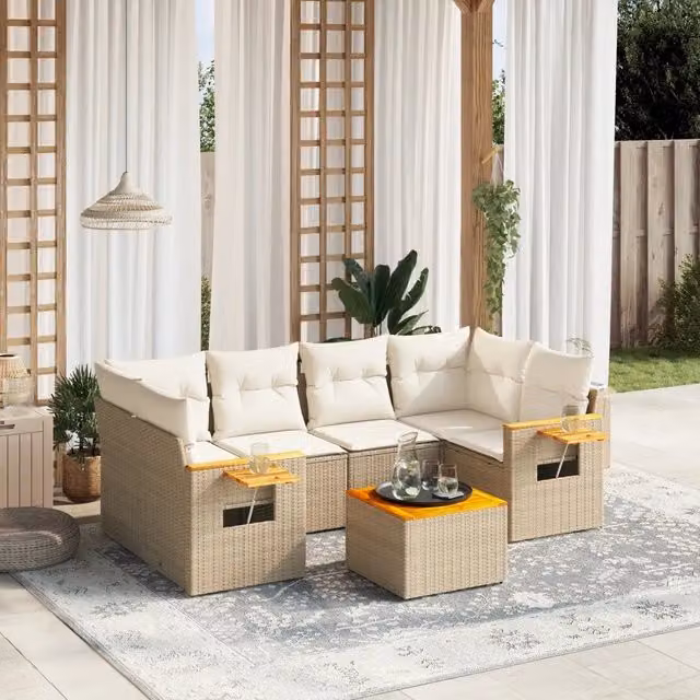 Set Divani da Giardino 7 pz con Cuscini Beige in Polyrattan 3259041