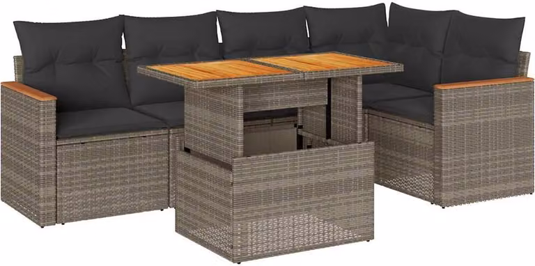 Set Divano da Giardino 6pz con Cuscini Grigio Polyrattan Acacia