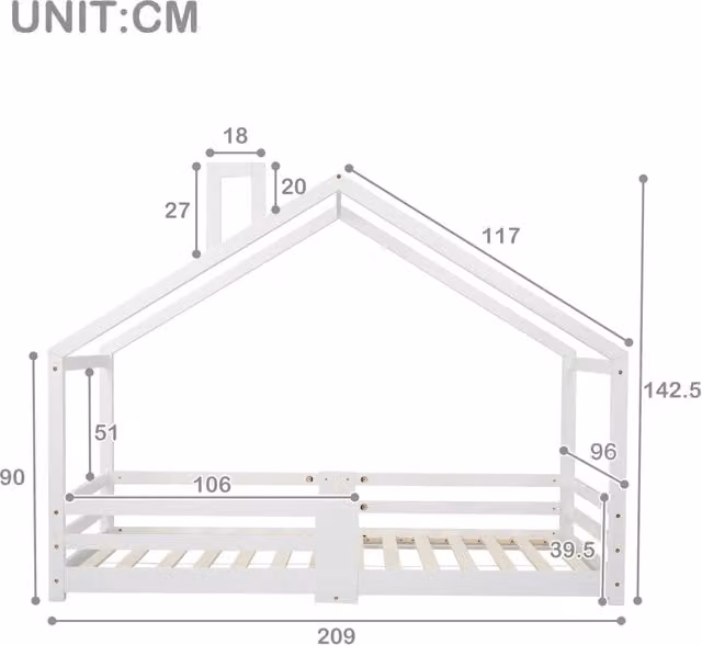 Letto a casetta per bambini Zephmum in legno laccato bianco con protezione anti-caduta L/P/H: 200 x 90 x 142,5 cm