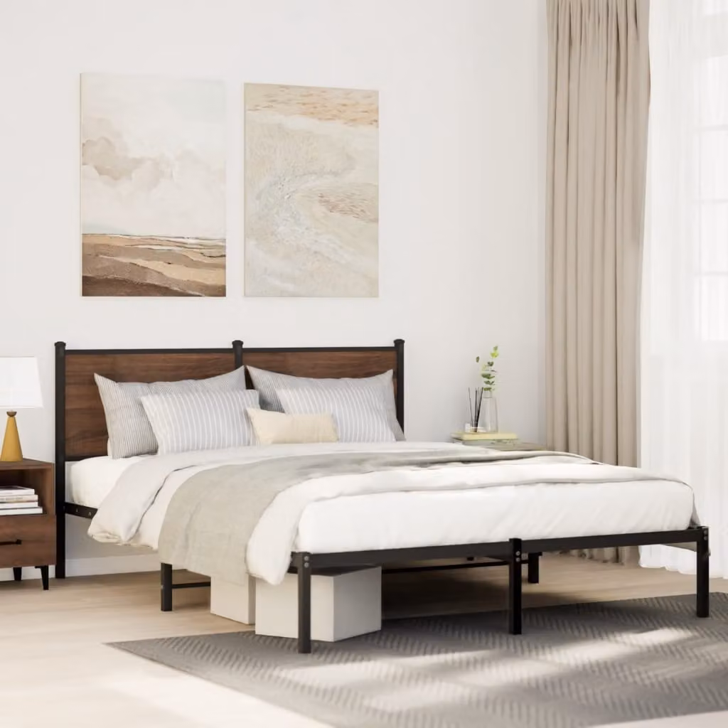 vidaXL Giroletto in metallo con doghe fisse color rovere marrone L/P/H: 200 x 140 x 91,5 cm