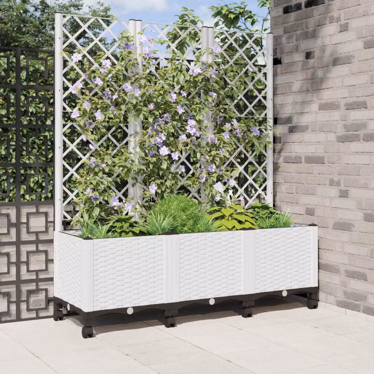 vidaXL Vaso da giardino con grigliato e ruote Bianco L: 120 cm, P: 40 cm, H: 146 cm