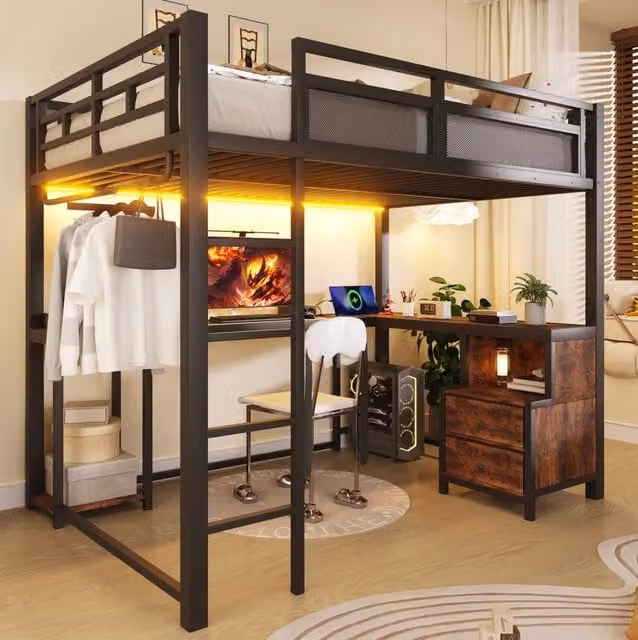 Letto a soppalco 140x200 cm in metallo nero con scrivania, senza materasso –