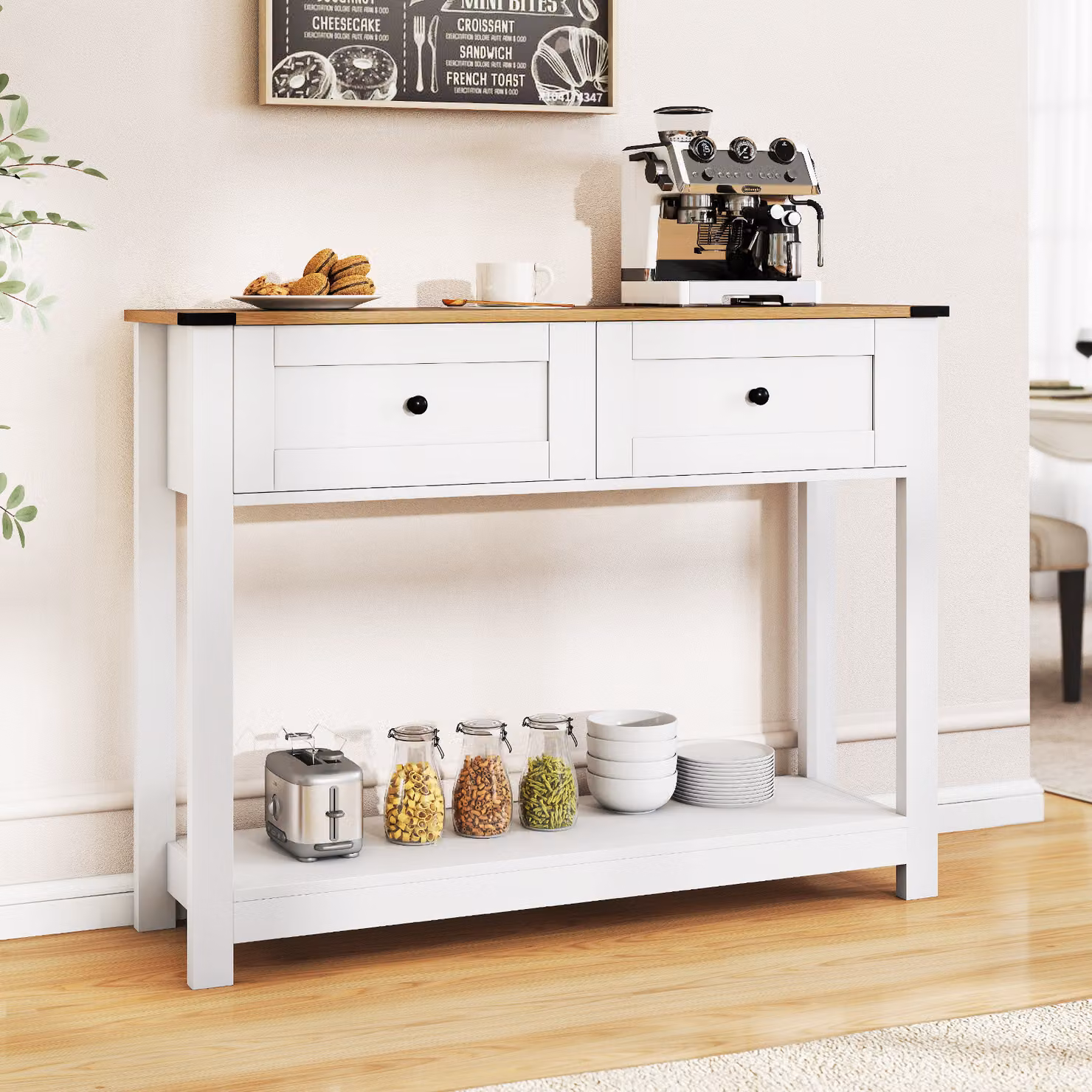 Tavolo consolle Costway in stile rustico con 2 cassetti e ripiano aperto, bianco