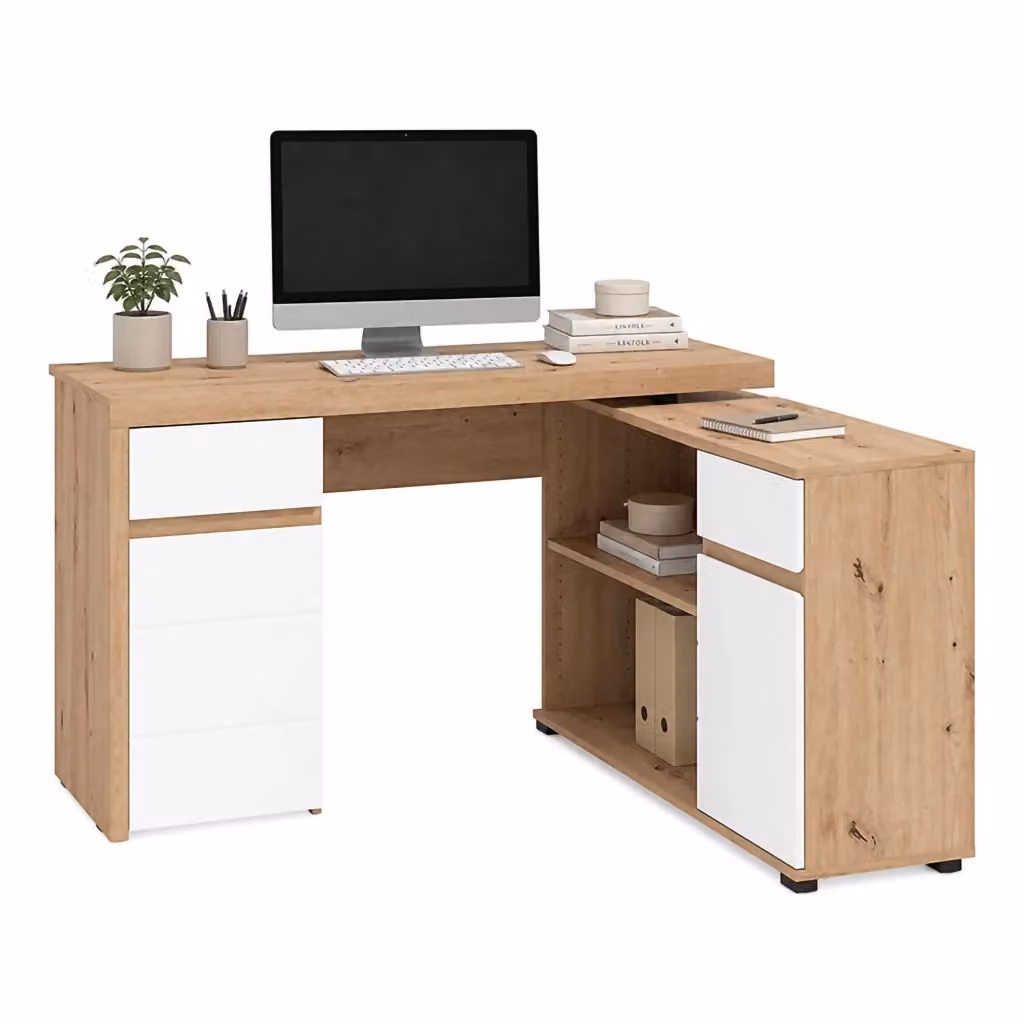 Scrivania Angolare Piran DMORA con Mobile Cassettiera, Rovere e Bianco, L/P/H: 140 x 124 x 77 cm – 2