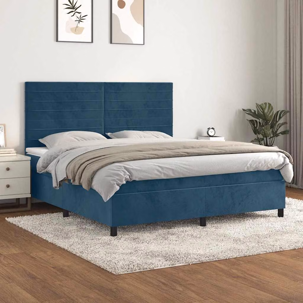 Letto Ibrido vidaXL con Giroletto a Molle e Materasso a Tasche in Velluto Blu Scuro, L/P/H: 160 x 200 x 128 cm