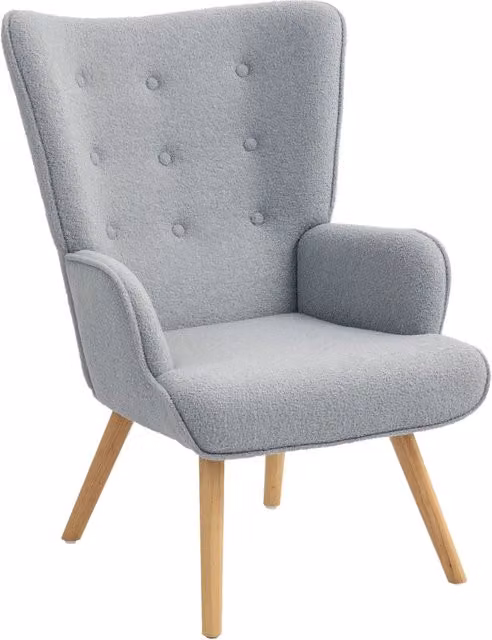 Poltrona da salotto imbottita in tessuto bouclé grigio chiaro con gambe in legno, 71 x 74 x 96 cm, design moderno per soggiorno