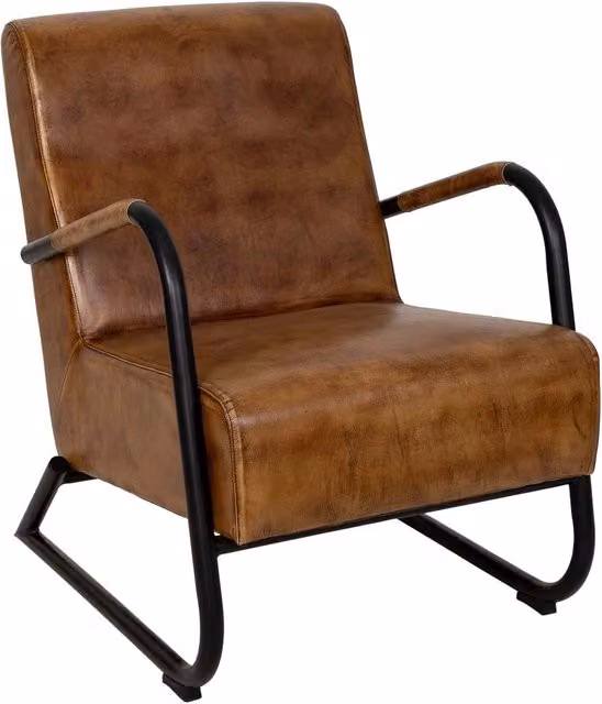 Poltrona in metallo rivestita in pelle marrone, dimensioni 61x70x84 cm