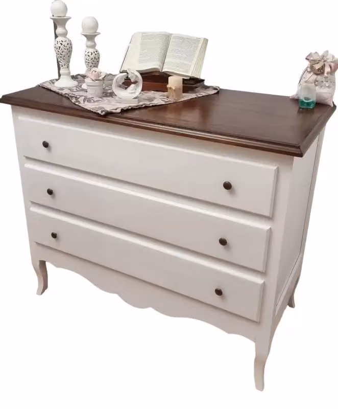 Cassettiera in legno con 3 cassetti bicolore bianco e noce Mobili 2G L: 107 cm, P: 52 cm, H: 89 cm