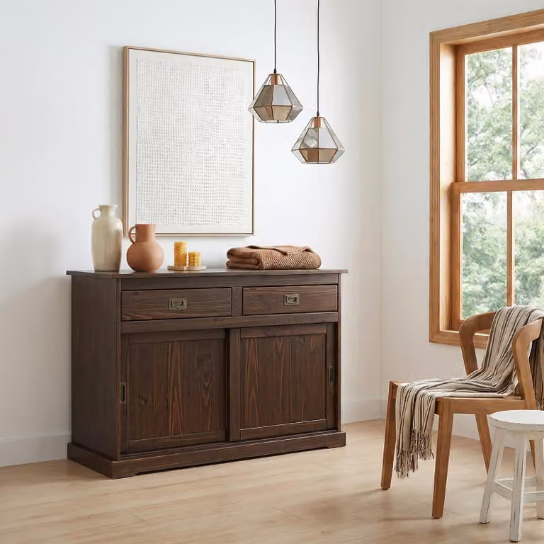 Comò SAVONA, credenza con 2 ante e 2 cassetti, pino massello, superficie in noce, buffet, credenza, legno massello