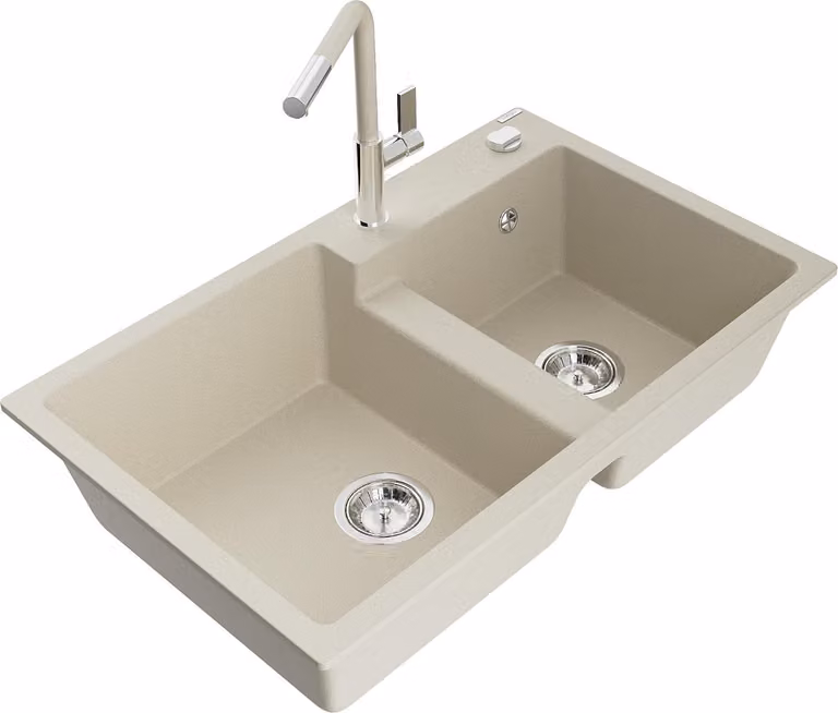 Mexen Tomas lavello da cucina in granito a 2 vasche con miscelatore Flora, beige - 6516-69-670401-09