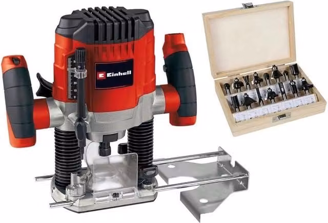 Einhell Kit Fresatrice Verticale TC-RO 1155 da 1100 W con Guida Parallela e Set di 15 Frese, Colore Rosso e Nero