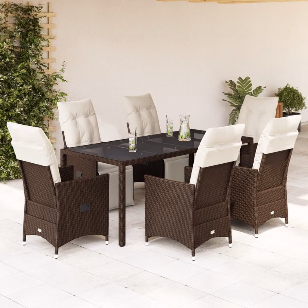 vidaXL Set Bistrò da Giardino 7 pz in Polyrattan Marrone con Cuscini e Piano in Vetro – 1