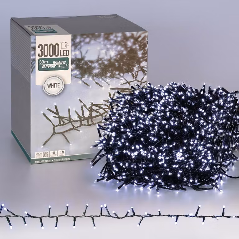 ECD Germany Catena luminosa a grappolo LED 39 m, 3000 LED bianco freddo, con timer e 8 modalità di illuminazione, funzionamento a corrente, IP44, illuminazione natalizia Albero di Natale