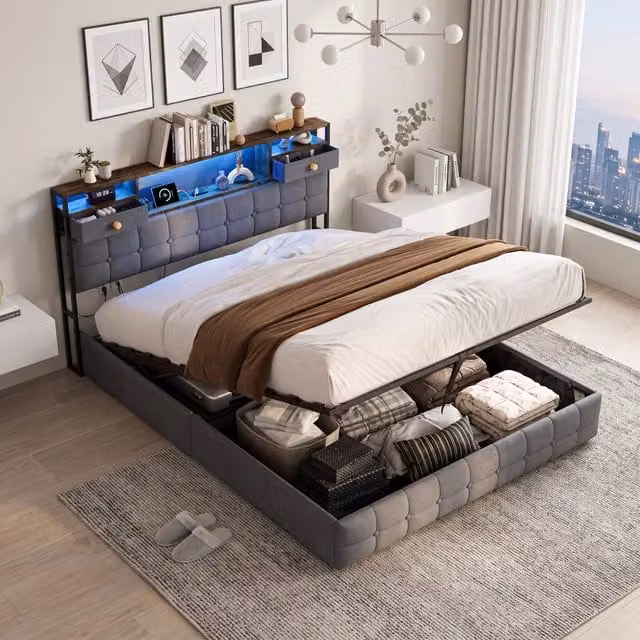 Letto matrimoniale 160x200 cm con contenitore LED USB Type-C testiera rete a doghe velluto metallo - grigio