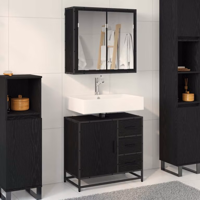 Set di mobili per il bagno vidaXL composto da mobile lavabo e armadietto con specchio, colore nero e rovere, L: 65 cm, P: 33 cm, H: 60 cm