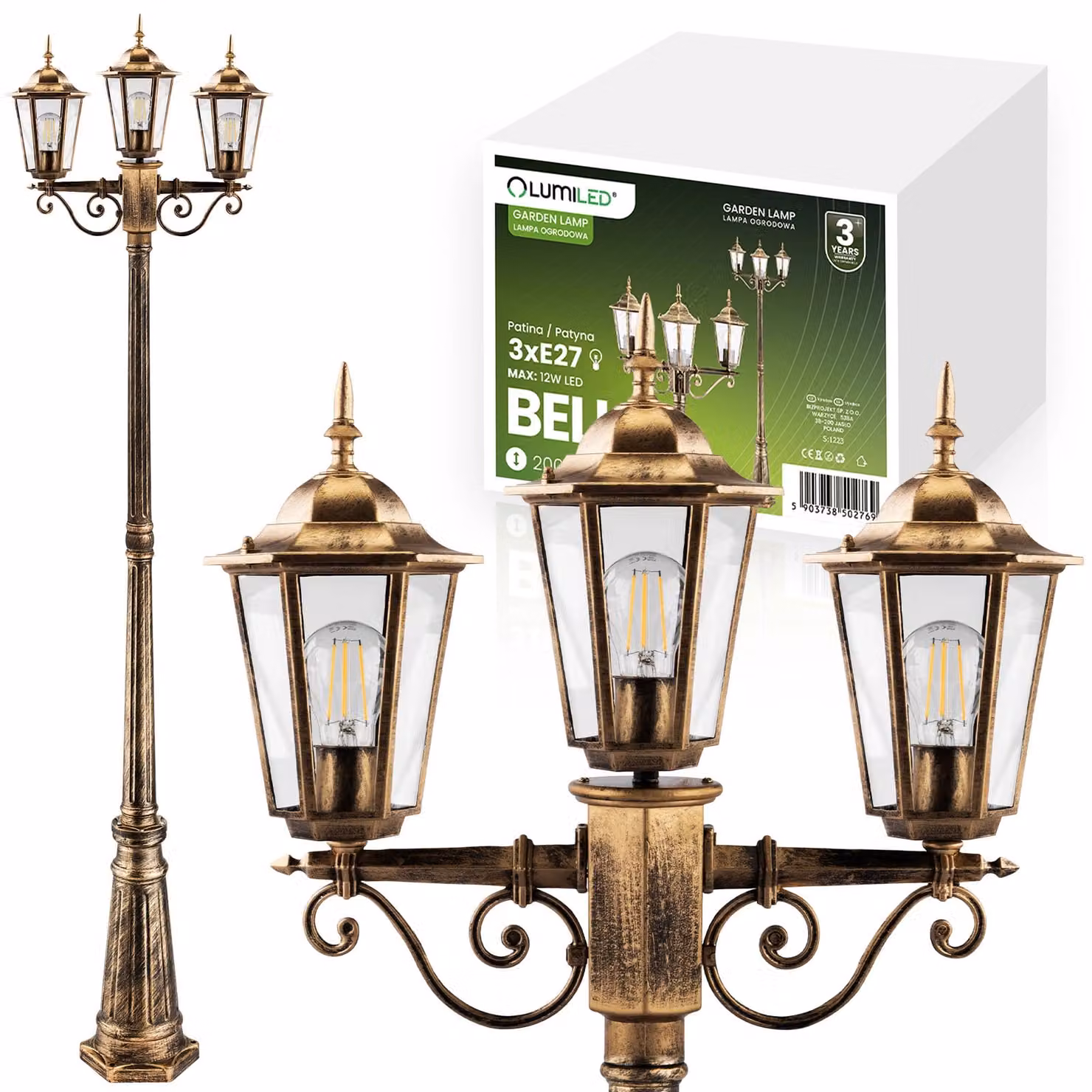 LUMILED candelabro a 3 bracci per lanterna vintage 230V 2,09m regolabile in altezza, patina, vetro alluminio 3x presa E27 IP44 giardino