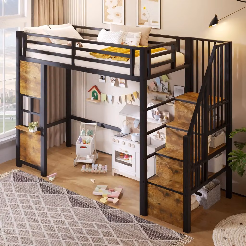 Letto a soppalco singolo WISHDOR in metallo e MDF con scala contenitore e scomparti laterali, nero, L/P/H: 200 x 90 x 120 cm – 2