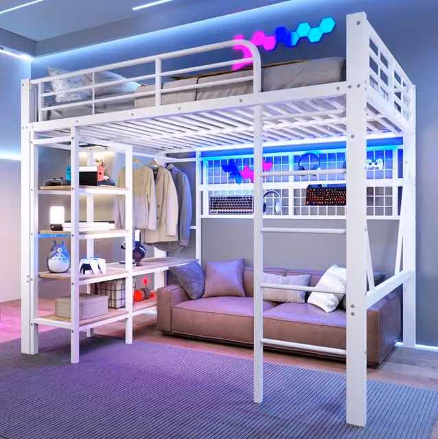 Letto a soppalco 140x200 cm bianco in metallo con luci LED e vano aperto, senza materasso