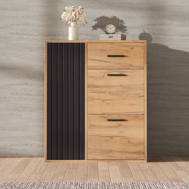 Scarpiera Minimal Nero e Rovere con 1 Cassetto e 2 Ante L: 80 cm, P: 24 cm, H: 95.5 cm