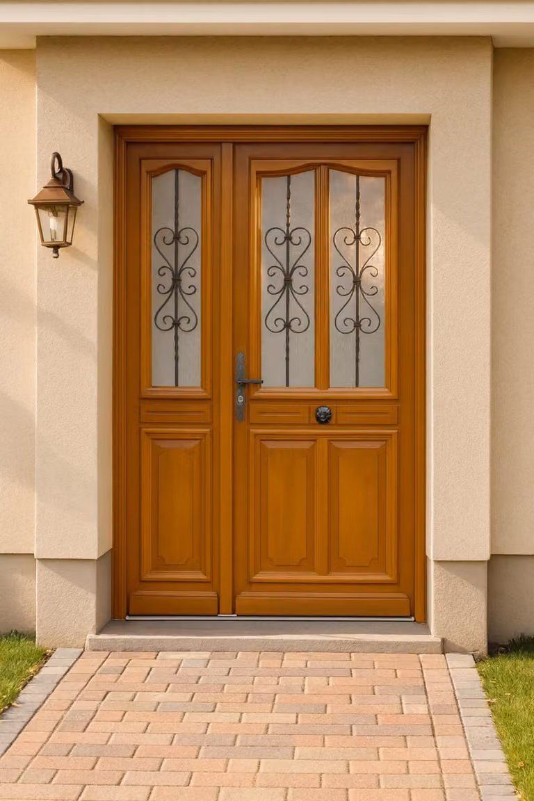 Porta d'ingresso in legno a tre ante Carole H.215x140 cm, lato tavolo, maniglia, cilindro, pulsante, GD MENUISERIES