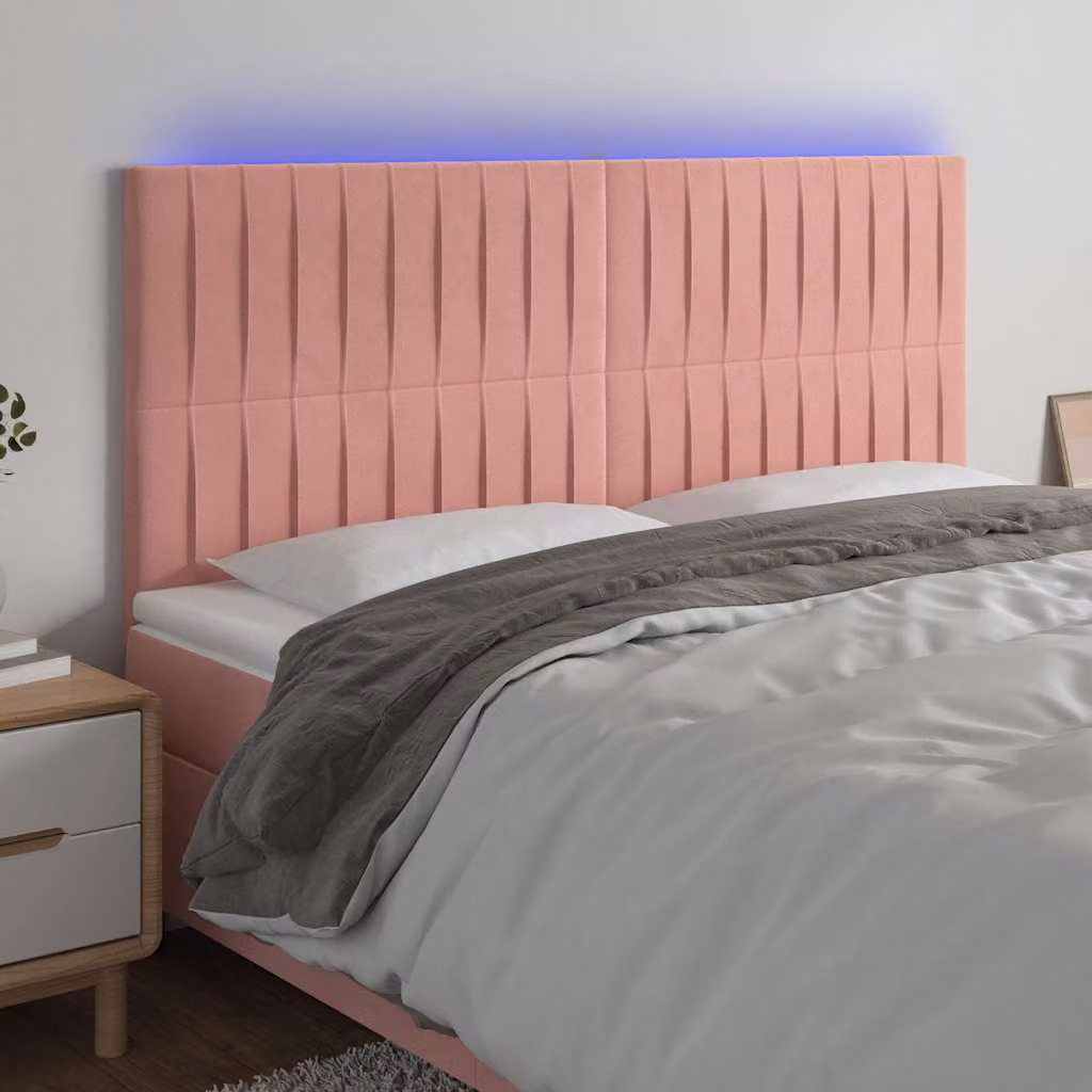 Testiera per letto con LED e porta USB vidaXL in velluto rosa, L: 160 cm, P: 5 cm, H: 118-128 cm