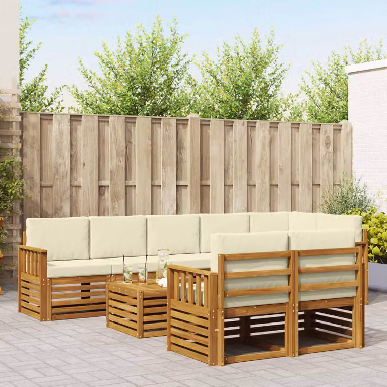 vidaXL Set di divani da esterno a forma di U composto da 9 pezzi in legno di acacia con cuscini beige e bianchi e tavolino da caffè