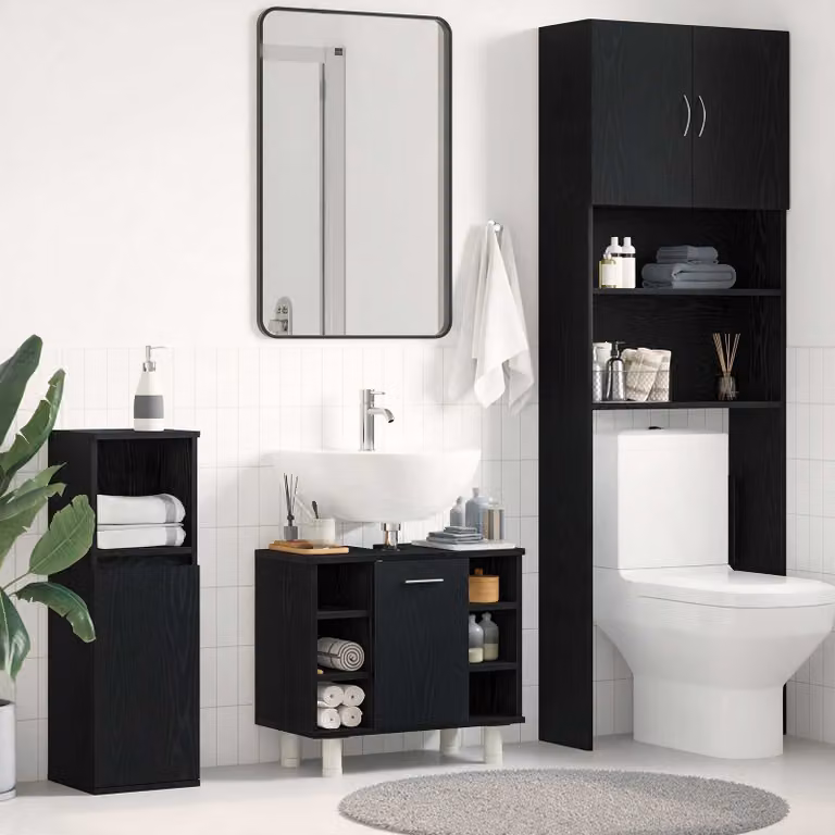 Mobile da bagno moderno vidaXL in rovere e nero con ante a cerniera e ripiani interni L: 60 cm, P: 32 cm, H: 54 cm