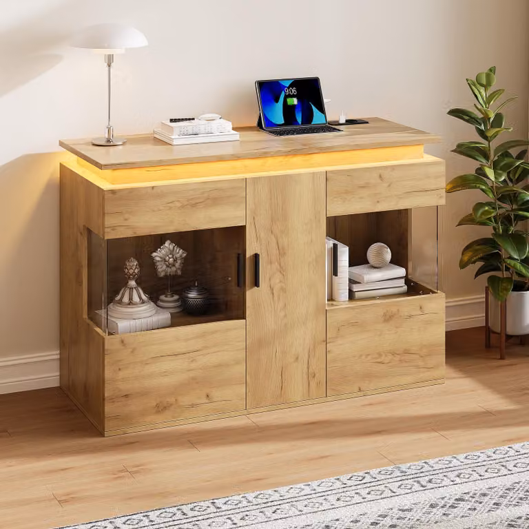 Mobile contenitore MODFU con ante in vetro, armadio per il soggiorno con illuminazione LED a 16 colori e stazione di ricarica, mobile contenitore con ampio spazio di stoccaggio, dimensioni 120 x 40 x 79,5 cm, aspetto in legno