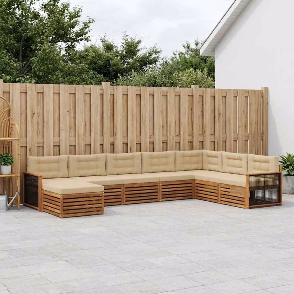Set di divani da esterno vidaXL a forma di L composto da 8 pezzi in legno di acacia con cuscini in tessuto beige e sabbia