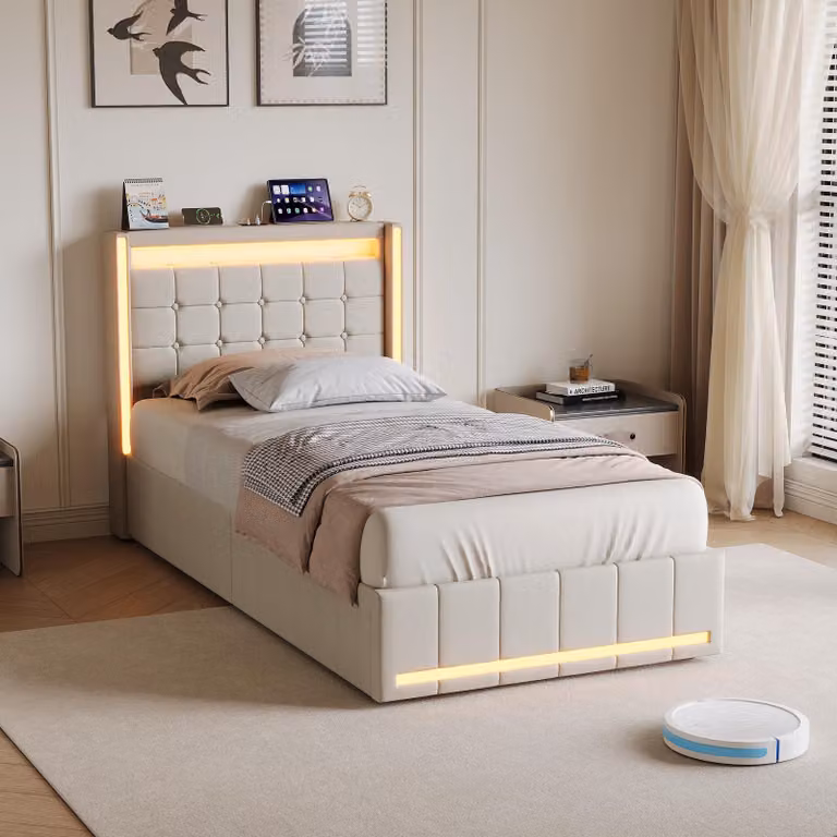 Letto imbottito REMZETTA, 90x200 cm, singola, con cassetto, LED RGB, porta USB-C, testiera con vano portaoggetti, rete a doghe, lenzuola, color beige