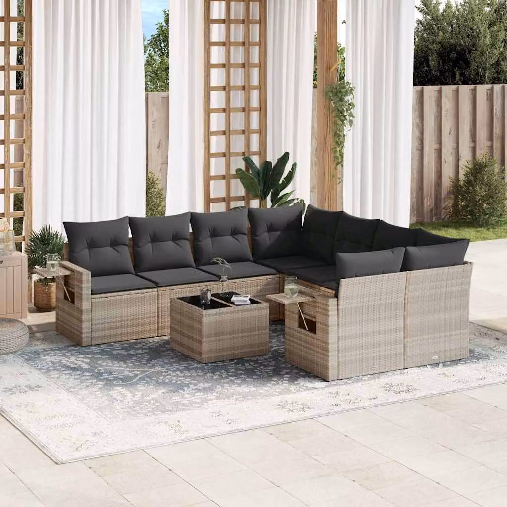 vidaXL Set Divano da Giardino a L in Polyrattan Grigio con Cuscini e Tavolino da Esterno – 1