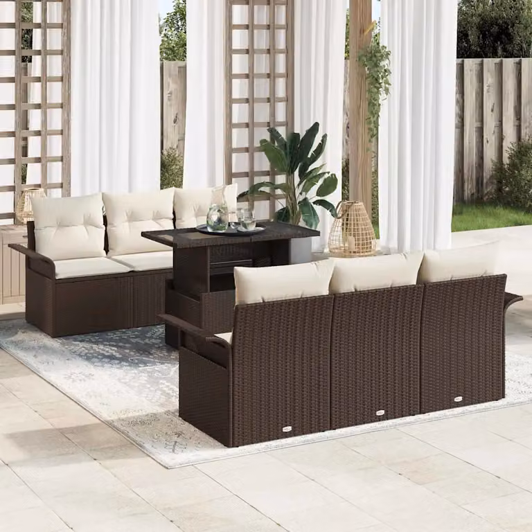 Set Divano da Giardino a L vidaXL 7 Pezzi Marrone con Cuscini e Tavolino in Rattan e Acciaio
