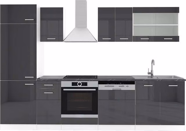 Cucina componibile moderna Vicco R-Line in antracite lucido e bianco, L: 300 cm, H: 206,8 cm, P: 60 cm