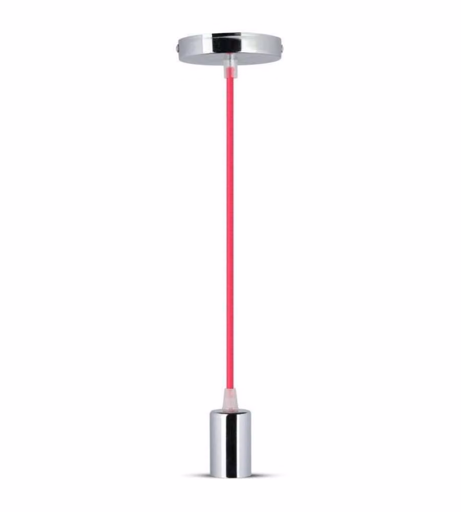 Lampadario LED a Cilindro in Metallo con Portalampada E27 (Max 60W) Colore Cromato e Cavo Fucsia