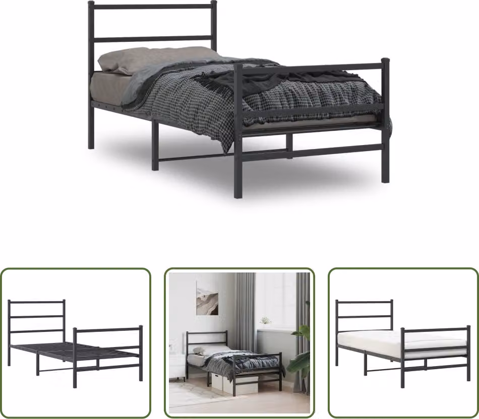 The Living Store Struttura letto con testiera e pediera in metallo nero 90x200 cm