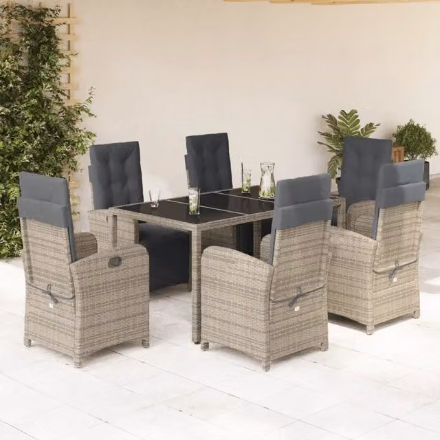 Set da pranzo da giardino vidaXL in polyrattan grigio e nero con tavolo in vetro e 7 pezzi
