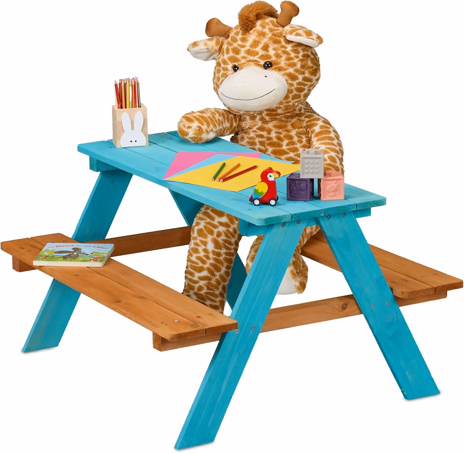Tavolo da picnic per bambini - In legno - Panchina da picnic - 51 x 90 x 78 cm - Tavolo da gioco per esterni - Blu e marrone