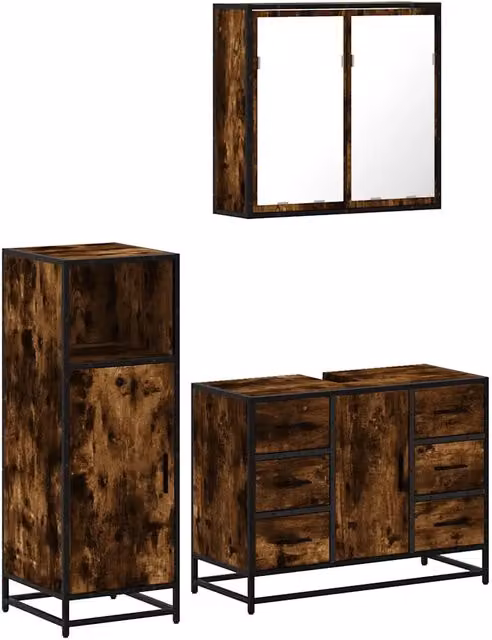 Set Mobili da Bagno Industrial in Legno e Metallo Marrone con Specchio LED e Armadietto a 3 Pezzi – 1