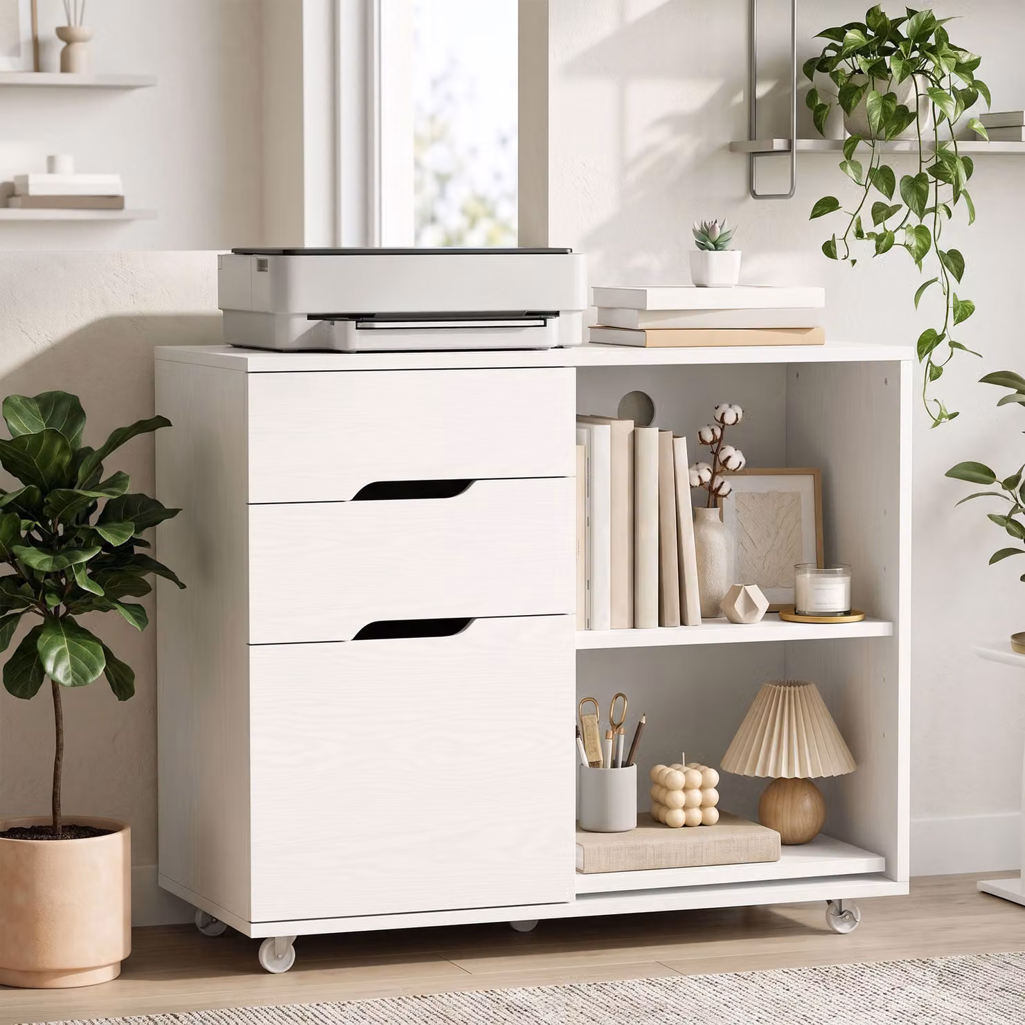 Mobile Porta Stampante HOMCOM con Ruote, 3 Cassetti e Ripiani Aperti, Bianco, L 80 cm x P 40 cm x H 68 cm – 2