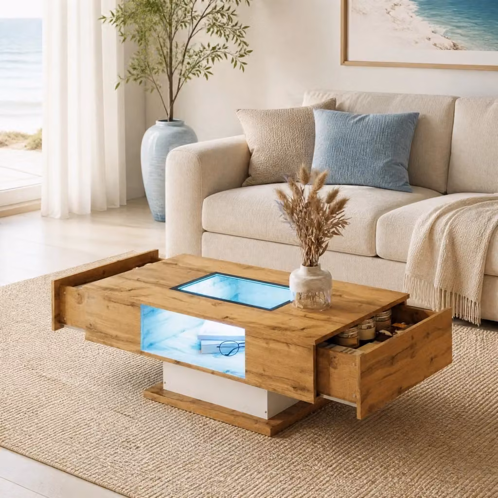 Tavolino da salotto moderno MODFU con piano in vetro e meccanismo di sollevamento, bianco e legno – 2