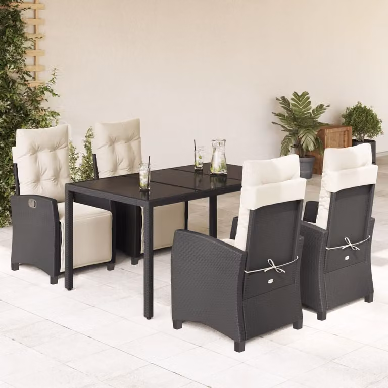 Set da Pranzo da Giardino vidaXL 5 pz in Polyrattan Nero con Cuscini e Tavolo in Vetro